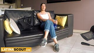 I watch the hot Latina model suck a big white cock in her audition after a seductive massage