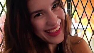 horny 18yo brunette sucking balls deep, petite latina with big tits deepthroating and rimming