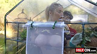 Big ass blonde enjoys outdoor garden fun with natural tits