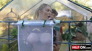 Big ass blonde enjoys outdoor garden fun with natural tits