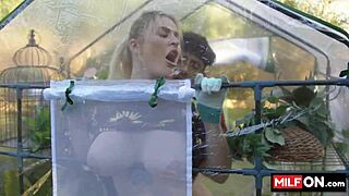 Big ass blonde enjoys outdoor garden fun with natural tits