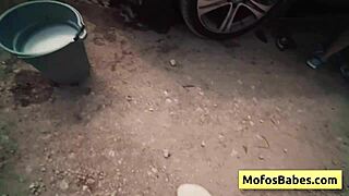 Blonde sexy horny girl swallows and sucks huge dick at car wash fundraiser