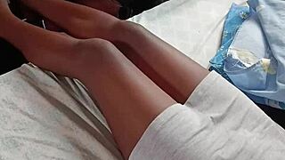 Intense morning fuck with petite chocolate lady's hairy pussy, moaning loudly.