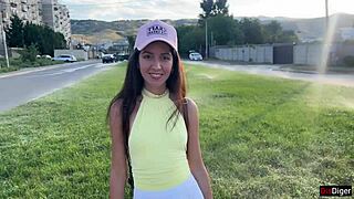 Feeling the thrill of public sex in the mountains, the beauty agrees to a creampie.