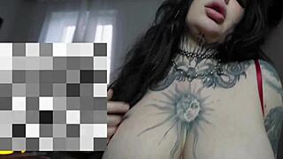 Gothic girl with big curves in red lingerie rides big guy