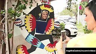 Heavy hottie Angelina Castro strapon fucks babe Cristi Ann in outdoor scene