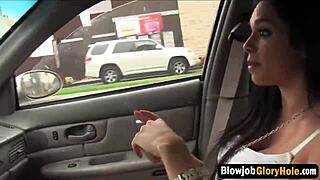 in the glory hole, brunette eagerly SUCKS long schlong with passion