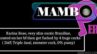 Karina Rose, a slim exotic Brazilian, cheats on her boyfriend and gets fucked by four huge cocks in a triple anal penetration scene.