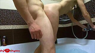 Blowjob in shower leads to hot standing sex