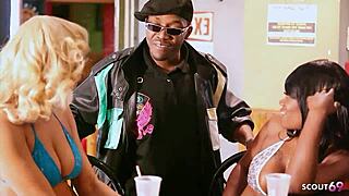 Two Blond And Black Ebony Bitches With Big Natural Tits Give One Boy A Double Blowjob At Ffm 3some At Public Place