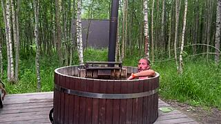 outdoor sex in hot bath with cute blonde and big cock