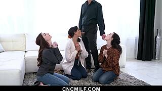 The lucky husband enjoys freeuse with three wives anytime.