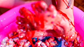 Making her feet totally messy with licking