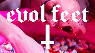 Making her feet totally messy with licking