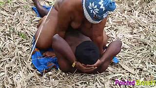 Intense outdoor sex with big black tits and hairy pussy