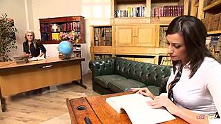 Nerdy lesbian strapon fucks sexy blonde colleague