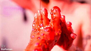 Making her feet totally messy with licking