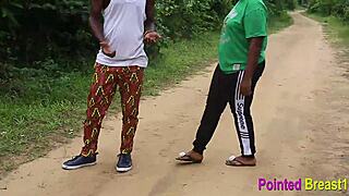 Intense outdoor sex with big black tits and hairy pussy