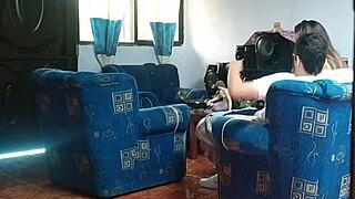 mi hermanastra thinks no ones home and fucks her boyfriend in the living room, i catch her