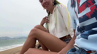 On the beach, I flash my huge cock and see you jerking off, feeling excited to help you cum in my mouth.