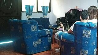 mi hermanastra thinks no ones home and fucks her boyfriend in the living room, i catch her