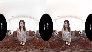 in vrallure, the petite brunette asks what kind of art you like while masturbating with vibrator