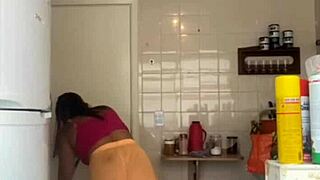 Husband catches wife washing balcony in bikini exposing pussy