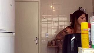 Husband catches wife washing balcony in bikini exposing pussy