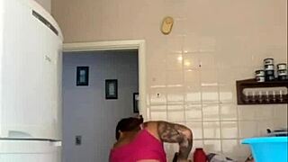 Husband catches wife washing balcony in bikini exposing pussy