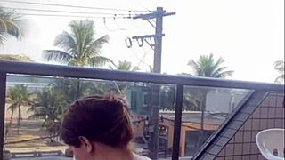 Husband catches wife washing balcony in bikini exposing pussy
