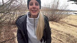 I fuck my wife outdoor at the public lake in winterr.