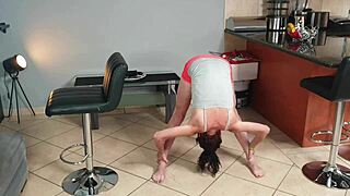 Desperate woman in tight pants during yoga