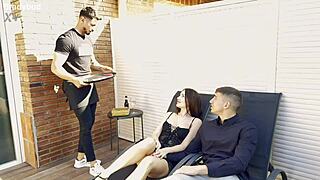 Mary Rock's tiny waist tempts boyfriend and waiter into big cock threesome pounding