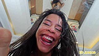 FUMANDO E FUDENDO turns into bareback creampie action with this BIG COCK brunette Brazilian riding hard in POV.