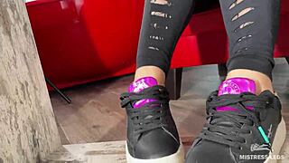 goddess slips off socks to tease wrinkled bare feet under desk