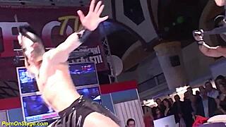 Skinny babe takes rough bangs on public stage!