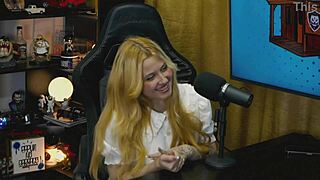 whoa that tiny thong barely hides her fat pussy on the podcast table!!