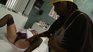 Milf doctor Brooklyn Jade examines patient's fat black dick up close