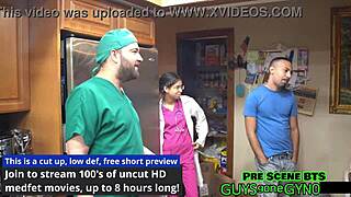 Latina nurse Angel Ramiraz humiliates patient in latex gloves hospital roleplay backstage