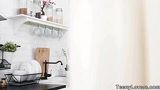 skinny teen adel bye gets her shaved pussy stretched by huge monster cock in hardcore riding