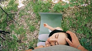 ponytail brunette's meditation interrupted by freeuse facial