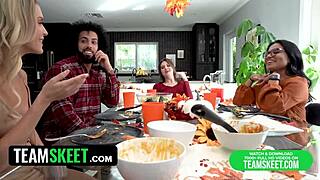 Thanksgiving besties' lunch sparks foursome with three girls sharing one cock eagerly