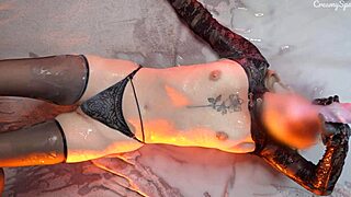 Petite girl moans wildly cumming hard covered in huge machine cum loads