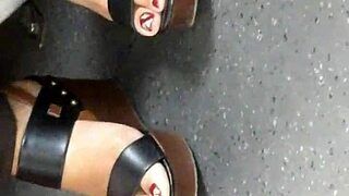 Candid Mature Feet Slip into Wedge Sandals