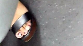 Candid Mature Feet Slip into Wedge Sandals