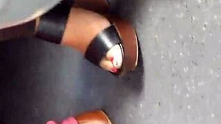 Candid Mature Feet Slip into Wedge Sandals