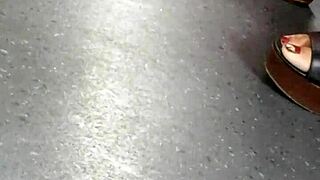 Candid Mature Feet Slip into Wedge Sandals