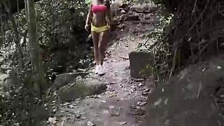 monika fox struts jungle trails flashing pierced nipples under pink top shorts