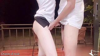 teacher takes student out on balcony for some fun bending over