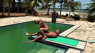 poolside foursome blonde brunette big tits blowjob double penetration cumshot!